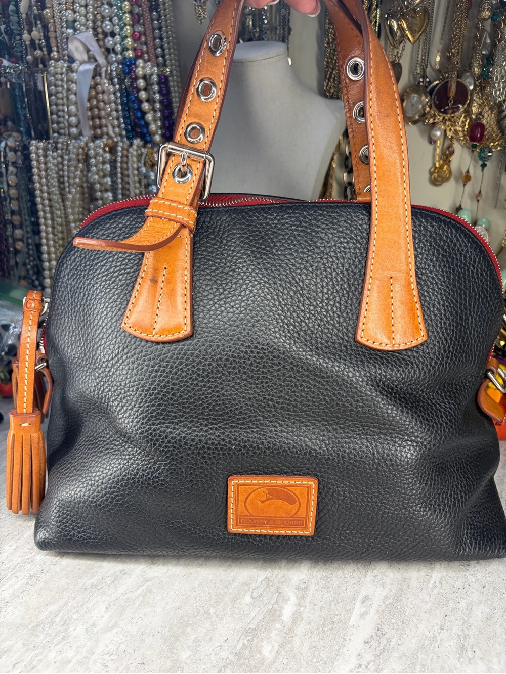 Vintage Dooney & Bourke Patterson Leather Satchel Black Pebble Tan Vachetta Bag